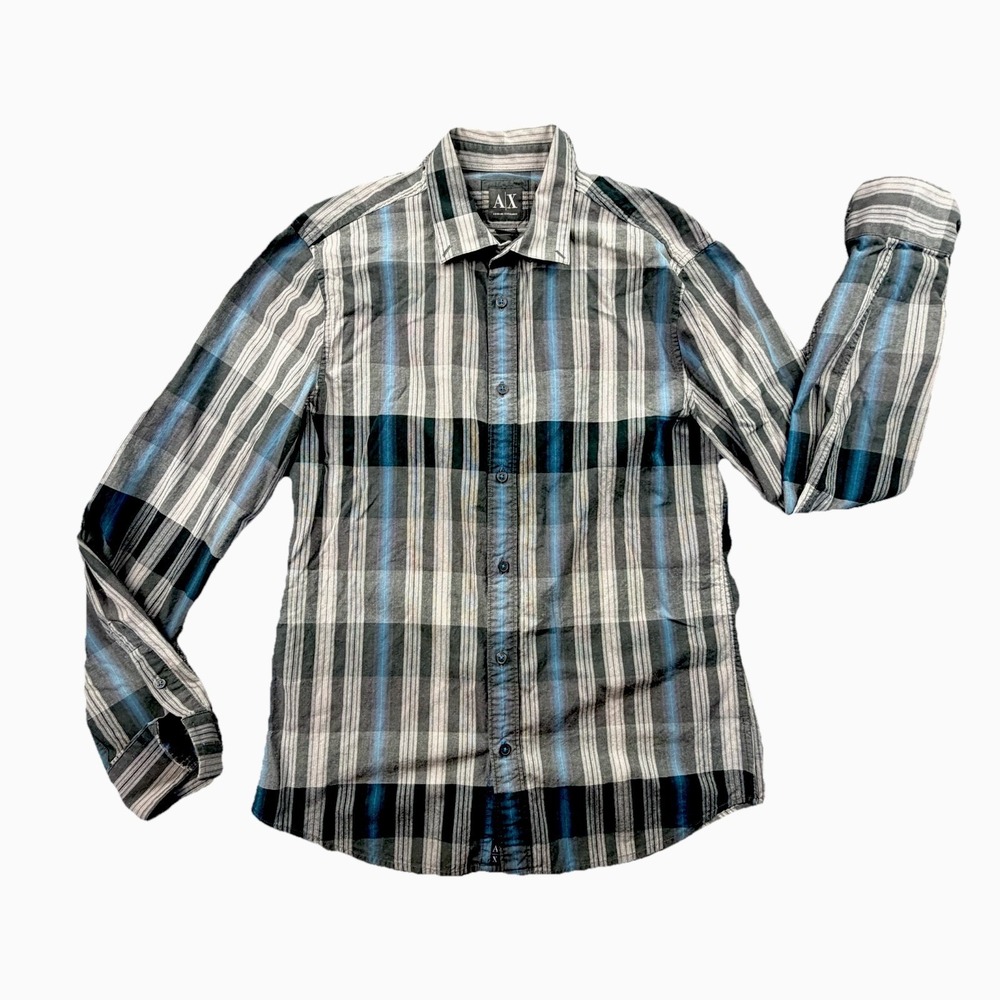 Armani Exchange AX Plaid Shirt Men M Gray Blue Cotton Button Front